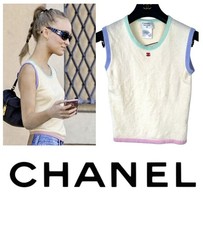 Chanel Vintage 1998 Ivory White Sweater Top 36 38 4 6 Shirt Y2K Red CC Logo S M picture