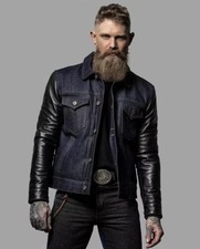 Men's Blue Denim Jeans Trucker Jacket Real Leather Sleeves Biker Motorbike Coat picture