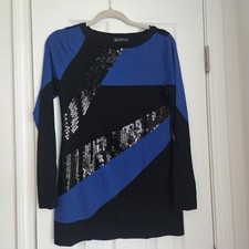 INC International Concepts Sequin Knit Top M Colorblock Long Sleeve Blue Black picture