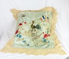 Antique WWI Silk EU Sham Pillow Cover Souvenir of France Flags Embroidery 22X22 picture