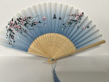 Vintage Japanese Silk Folding Hand Fan Sheer Light Blue Pink Cherry Blossom picture