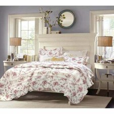 NEW ~ SHABBY CHIC COTTAGE PINK GREEN LEAF PURPLE RED IVORY WHITE ROSE QUILT SET picture