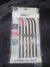 ELLO Live Green, Sip Clean 6 Cocktail Straws 1 Cleaning Brush Reusable Metallic picture