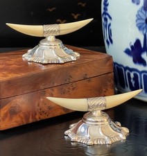 Elegant Rare 19C English Sterling Silver Mounted Boar Tusk Knife Rest Pair c1899 picture