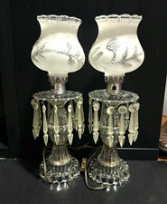 Vintage Pair Hurricane Crystal Boudoir Lamps w/ Prisms & Frosted Glass: Tested picture