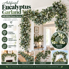 Artificial Eucalyptus Leaves Garland Faux Greenery Vines White Flower Berry Deco picture