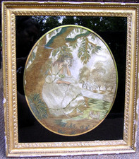 Antique Georgian Silk Embroidery Mourning Picture with Dog c.1800 picture