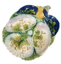 Antique 19C Strawberry Server w/Cream Wells w/Yellow Bird, Shells and Coral picture