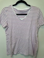 Talbots 100% Cotton Short Sleeve Striped V-Neck T-Shirt Size L White and Purple picture