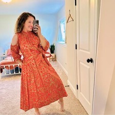 NWT Cynthia Rowley Orange Camel Animal Printed Open Shoulder Cotton Maxi Dress S picture