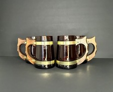 Set of 4 Siesta Ware Amber Glass with Brass Trim and Wooden Handle Mugs picture