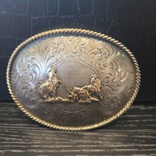 Vtg Montana Silversmiths Silver Plated Belt Buckle Calf Roping Rodeo Cowboy S07 picture