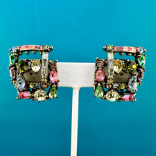 Vintage Hollycraft Rhinestone Earrings 1955 Pastel Fruit Salad Clip On Gold Tone picture