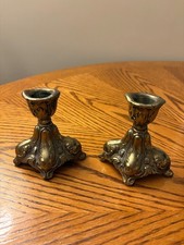 Vintage Ornate Candlestick Holders Pair, Brass Tone Rococo, Baroque Decor picture