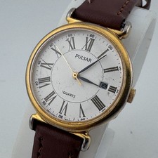 VTG Pulsar Quartz Watch V827-0090 Women Gold Tone Date Roman Leather New Battery picture