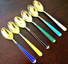 SUPERB Vintage Sterling Silver Art Deco Gilt Enamel 6 Spoons Set N.Thune Norway picture