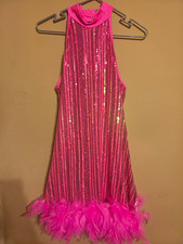 Weissman Women’s XL Pink Sequin Halter Dance Costume Dress with Feather Hem picture