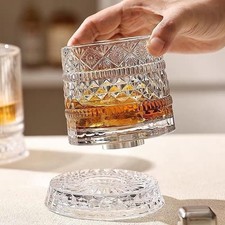 360° Rotating Whiskey Glass Spinning Crystal Bourbon Tumbler Old Fashioned Scotc picture