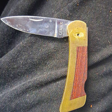 Gerber Vintage 1984 Lockback Pocketknife Brass/Wood Handle Clip Point Blade picture