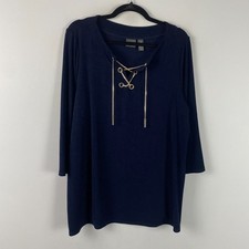 Chicos Travelers Tunic Size 3 US XL Navy Blue Lace Up Chain Slinky Knit picture