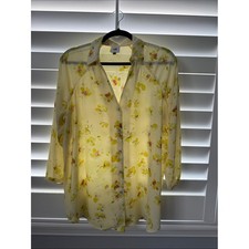 CAbi 6294 Blouse Medium Yellow Floral Button-Up 3/4 Sleeve picture