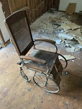 Antique Oak Wheelchair Commode Arrow Erie PA Woven Cane Early 1900s Rare Oddity picture