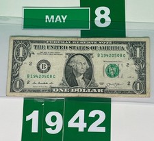 MAY 8 1942 🔥🎂 BIRTHDAY 🎂/ANNIVERSARY 💍 Note FANCY Number One Dollar Bill 💵 picture