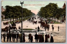 1900s Horse Carriages Fountain Grand Boulevard Chicago IL Vintage Color Postcard picture