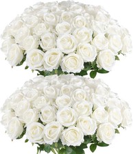 Fast US Shipping 50 Pcs Artificial Roses, Realistic Silk Flowers Bulk, White picture