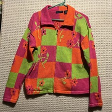 Eagle’s Eye Zip Cardigan Sweater Vintage Retro Flower Power L Line Green Floral picture