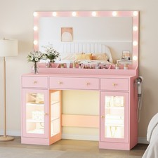 Makeup Vanity with Large Mirror and Lights, Charging Station & RGB Glass Cabinet picture