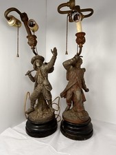 Antique French Figural Lamp Pair Le Depart Le Retour 20” Spelter Wood Base picture