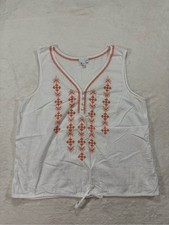 J.Jill White Orange Embroidered Cotton V-Neck Tank Top Large picture