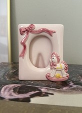 Adorable Vintage Small Pink Ceramic Frame W/ Bow And Rocking Horse For Baby Pic picture