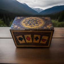 Vintage Wooden Box Playing Cards Two Deck Card Storage Box, Made in Poland Rare picture