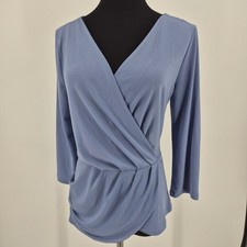 Ann Taylor Faux Wrap Top Blue V-Neck 3/4 Sleeve Blouse Small NWT 19950471 picture