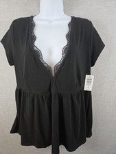 Torrid Super Soft Babydoll Top M/L Black Lace Trim Ribbed Deep V Whimsigoth NEW picture