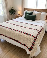 Vintage Handmade Crochet Blanket Cream Red Green Fringe Christmas Holidday 41x60 picture