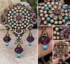 Vintage KRAMER Brooch Pendant Purple Rhinestone Pearl Turquoise Dangle Pin picture