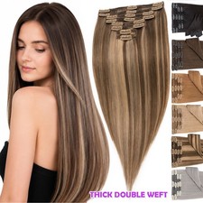 Thick Double Wefted Clip In Real Remy Human Hair Extensions Full Head #Highlight picture