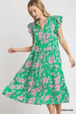 Umgee Green/Pink Floral Print Midi Dress Split Ruffle Neckline & Flutter Sleeves picture
