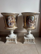 MONUMENTAL Pair of 19th Century Porcelain Cachepots - 40cm Large Hand-Painted picture