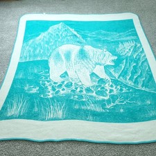 Vintage San Marcos Blanket Grizzly Bear 88x94 Teal White Plush King Reversible picture