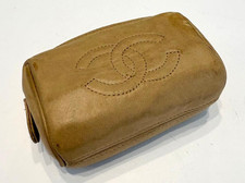 CHANEL Pouch Vanity Case Coin Purse CC Logo Beige Vintage Leather Pre-Owned picture