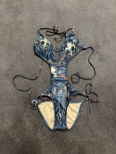 RARE Y2K VTG Laguna Beach Jean Co. Monokini Swimsuit Grunge Small Denim Print picture