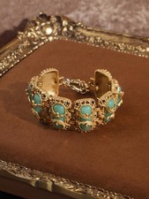 Vintage Green Jade Natural Stone Bracelet Wave Hollow Gold Jewellery Luxury Gift picture