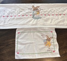 Vintage Embroidered Baby Pillowcase And Coverlet 35x48, Nursery, Cross Stitch picture
