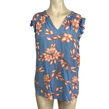 Talbots Women's Blue Floral Print V Neck Flutter Sleeve Top Size M picture