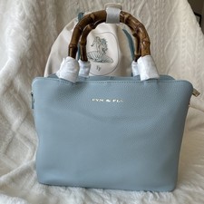 Fyn & Fia Blue Satchel Top Handle Bamboo Handle Zip w/ Strap Dust Bag Card picture