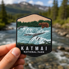 Katmai National Park Patch, Embroidered Hiking Badge, Alaska Grizzly Bear Patch picture